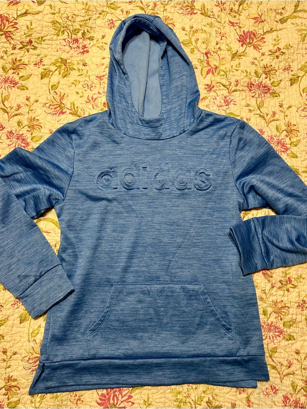 Adidas Girls XL 16 Blue Embossed Logo Pullover Hoodie Sweatshirt